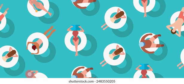 Vector flat illustration. The concept of summer vacation. Blue swimming pool with girls and boys sunbathing. Used as a background layout for a banner design. Horizontal seamless posters, wallpapers.
