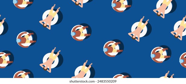 Vector flat illustration. The concept of summer vacation. Blue swimming pool with girls and boys sunbathing. Used as a background layout for a banner design. Horizontal seamless posters, wallpapers.