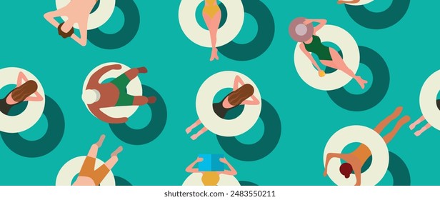Vector flat illustration. The concept of summer vacation. Blue swimming pool with girls and boys sunbathing. Used as a background layout for a banner design. Horizontal seamless posters, wallpapers.