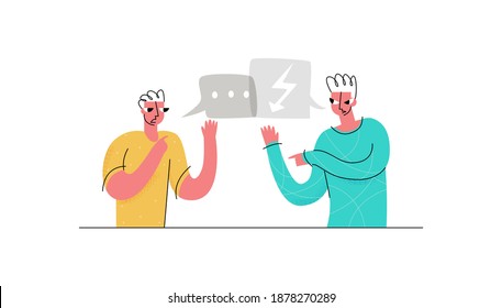 Concepto vectorial de ilustración llana de jurar, discutir, competir con hombres. También se muestran burbujas coloquiales con símbolos abstractos de discusión.