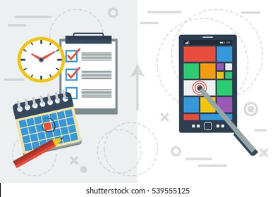 Vector flat illustration concept of time planning with app on smart phone and paper and paper calendar and notes. Comparison of two popular ways to prepare the agenda