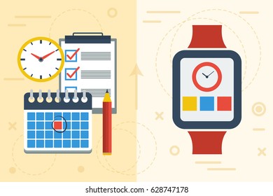 Vector flat illustration concept of time planning with app on smart watch and paper calendar and notes. Comparison of two popular ways to prepare the agenda