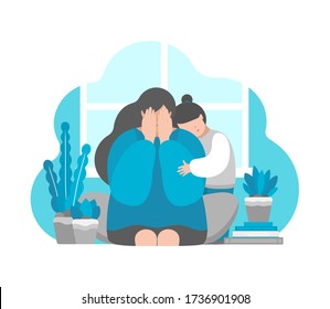 Vector flat illustration concept with tired crying woman. Daughter hugs mom. Postpartum depression, emotional stress and suffering in isolation at home. Problem of maternity to have mental health