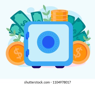 Vector flat illustration, Concept for web page, banner, presentation, social media, documents, cards, posters.safe savings, a money deposit, bank employees, investing money on an account, closed bank 