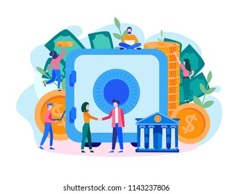 Vector flat illustration, Concept for web page, banner, presentation, social media, documents, cards, posters.closed bank safe, dollars in a deposit box and a cash bag, safe savings, bank employees
