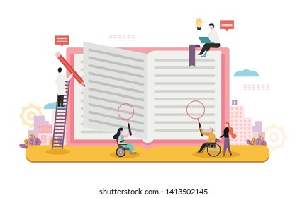 vector flat illustration, conceptual of book, knowledge, article, information, education for disability people and care giver. doctor write the book with patient reading and searching.