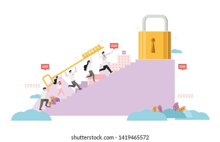 vector flat illustration, conceptual of medical teamwork, key of success, people carry golden key over them head and move to unlock the goal