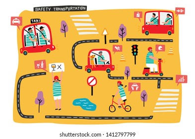 vector flat illustration, conceptual of safety transportation. cute doodle hand drawing style with icon set