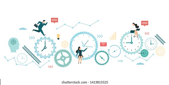 Vector Flat Illustration, Conceptual Of Time Management, Business Team, Rapid Response Teamwork. Modern Banner Design For Website, Business Concept And Application Development
