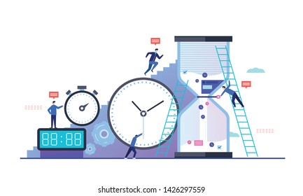 Vector Flat Illustration, Conceptual Of Time Management, Business Team, Rapid Response Teamwork. Modern Banner Design For Website, Business Concept And Application Development