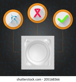 Vector flat Illustration of condom. Condom in a white pack on thematic blue background and three circle icons.