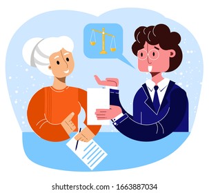 Vector flat illustration with consultation at lawyer s reception of elderly woman. Concept assistance to elderly in legal matters. Can be used in web design, banners, advertising, etc.