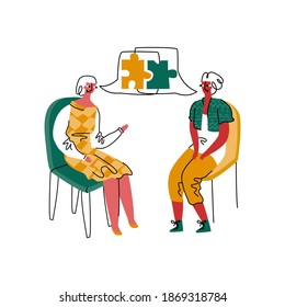 Vector flat illustration consultation with psychotherapist. Two characters are depicted, conversational bubbles, in which assembled puzzle is depicted. It is metaphor.