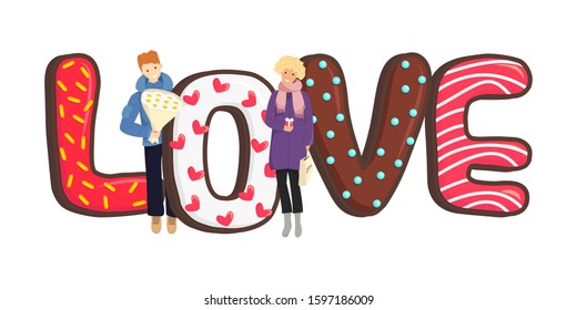 Vector Flat Illustration with Cookies and Couple. Chocolate Shortbread looks like Love and Enamored People seeing Each Other. The Man waiting with Bouquet and Woman coming with Gift and Shopping Bag