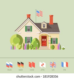 Vector Flat Illustration Of Cool Detailed Yellow House Icon Isolated On Background. Ability To Change The Flags Of Different Countries, Including The U.S., Russia, UK, Japan, China, France.