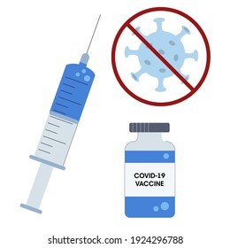 Vector flat illustration of coronavirus vaccine.
Isolated drawing of vial and syringe.