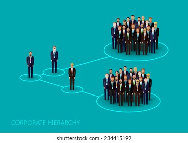 vector flat illustration of a corporate hierarchy structure. a crowd of men (business men or politicians) wearing suits and ties. leadership concept. management and staff organization