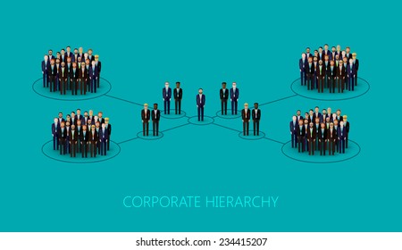 vector flat illustration of a corporate hierarchy structure. a crowd of men (business men or politicians) wearing suits and ties. leadership concept. management and staff organization