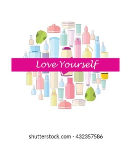 Vector flat illustration, cosmetic elements, make-up template, logo, emblem, card. Beautiful fashion background, texture, beauty products. Modern text love Yourself