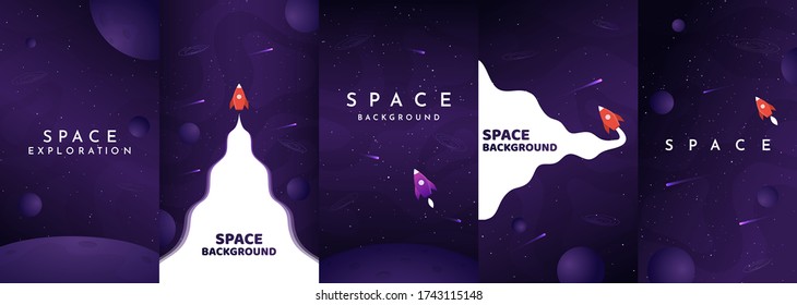 Vector flat illustration. Cosmos exploration. Phone wallpapers set. Element for design flyer, invitation, discount voucher, Violet background collection. Social media story template.  Universe concept