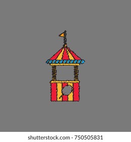 Vector flat illustration of Cotton Candy cart. Cart cotton confection light carnival candy and tasty cart kids sweet food. Cotton sugar fluffy dessert on wooden stick vector in Hatching style