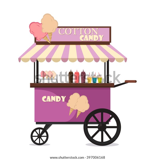 Cotton Candy Cartのベクターフラットイラスト 軽いカーニバルキャンディとおいしいコットンキャンディカートの甘い食べ物を含む カートの コットン菓子 木の棒のベクター画像に綿菓子の砂糖フワフワしたデザート のベクター画像素材 ロイヤリティフリー