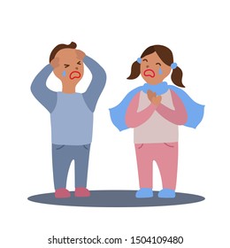 Vector flat illustration with couple of boy and girl with flu or cold symptoms. A boy has a headache and a girl has a sore throat. A couple of kids having a cold together