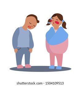 Vector flat illustration with couple of boy and girl with flu or cold symptoms. A boy has a weakness and a girl has a fever. A couple of kids having a cold together