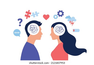 Vector flat illustration of couple having problems - therapy, counseling, comunication, mental health care