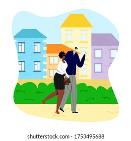 Vector flat illustration couple in love walking down street after work. You can use it as landing page on website, social network Psychologists, entertainment, recreational services, tourism.