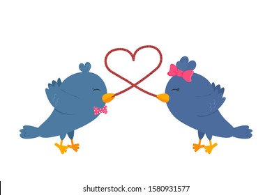 Vector Flat Illustration of Couple of Lovebirds Eating Worm, that making Shape of Heart. Symbol of Saint Valentine's Day is Blue Birds or Doves or Love Birds. Drawing for Romantic Greeting Card 