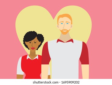 Vector flat illustration : A couple of lovers (Caucasian man and African woman) isolated on yellow and pink heart symbol background.