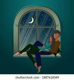 Vector Flat Illustration Of A Couple In The Window. Romantic Woman And Man At Home The Night In Love.