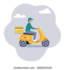 Vector flat illustration of courier delivery to your home or office from an online store, warehouse on a scooter, fast delivery
