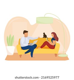 Vector Flat Illustration Of A Cozy Family Evening In The Living Room On The Sofa With A Cat