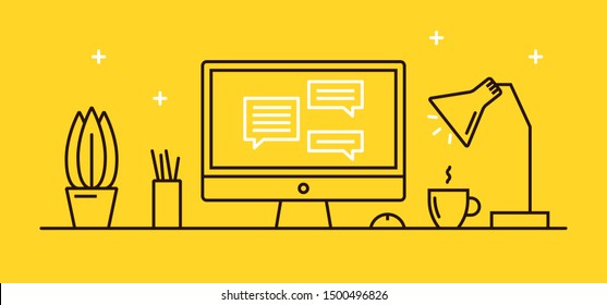 Vector Flat Illustration Of A Cozy Workplace With A Desktop Computer, A Potted Plant, A Lamp And A Cup Of Hot Drink. Image Of Chat Room Interface. Chatting Line Icon.