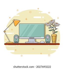 Vector flat illustration of a cozy workplace with a computer, a flower in a vase, a lamp