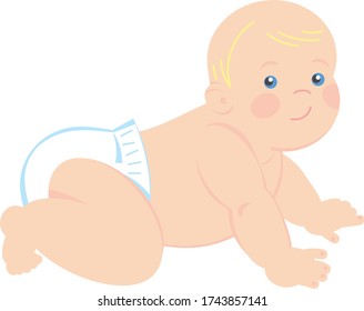 Vector flat illustration of a crawling baby in a diaper