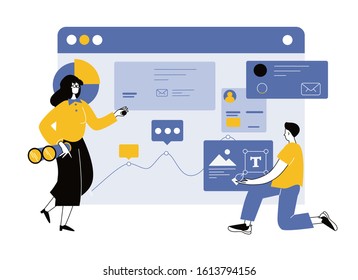 Vector flat illustration. Creative teamwork. People are building a business project on the Internet. The monitor screen is a building site. Collective performance of tasks