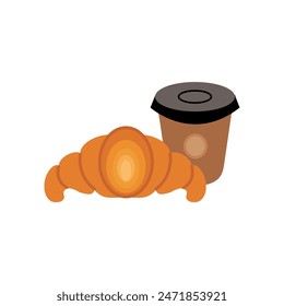 Vector flat illustration of croissant bread isolated on white background with coffee paper cup. Tasty food of France.