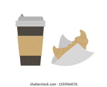 Vector flat illustration of croissant with take-away coffee cup. French pastry and hot drink icon. Flat textured fast breakfast isolated on white background