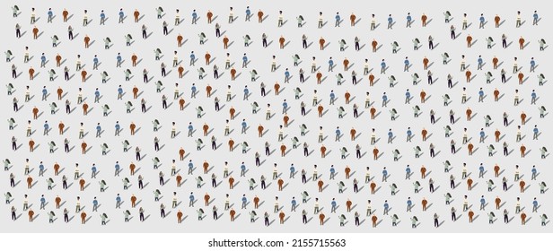 Vector flat illustration. Crowd of young and old men and women. Diverse group of stylish people standing together. Society or population, social diversity. Flat cartoon.