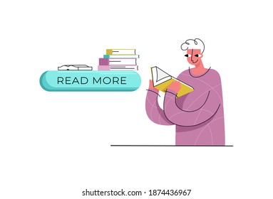 Vector Flat Illustration CTA Button Layout With Inscription ,read More, Man Is Depicted Reading Books. It Can Be Used In Web Design When Working With CRO.