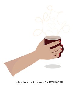 Ilustración plana vectorial, taza en mano, taza con una bebida. El concepto de calentamiento en el frío, confort, cuidado.