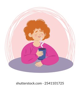 Ilustración plana de Vector de una niña rizada de cabello rojo con una taza de té caliente. Desarrollo de personajes . Estilo de vida moderno.