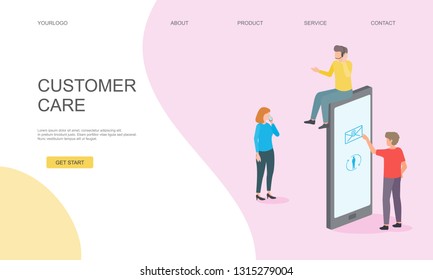 Vector flat illustration Customer care concept. male operator serve client and cutomer complain. Can use for web banner, background, book, infographics, landing page - hero images.