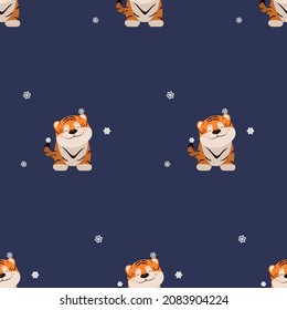 Vector flat illustration with cute baby tiger. Seamless pattern.