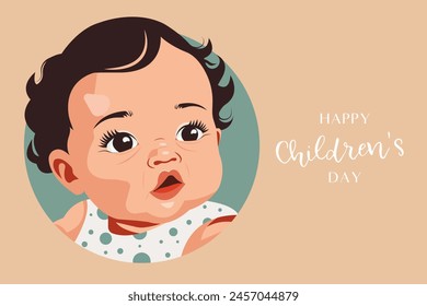 Vector flat illustration of a cute baby with dark curly hair and brown eyes. Congratulatory banner for International Children's Day.
