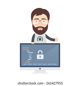 Vector Flat Illustration of a Cute Bearded Male Computer Programmer or Web Developer in Glasses.