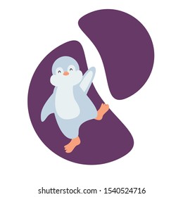 Vector flat illustration with cute blue penguin boy. Happy kawaii cartoon penguin waving paw. Greeting card.